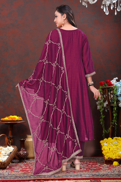 Exquisite Plum Purple Embroidered Suit Set with Dupatta