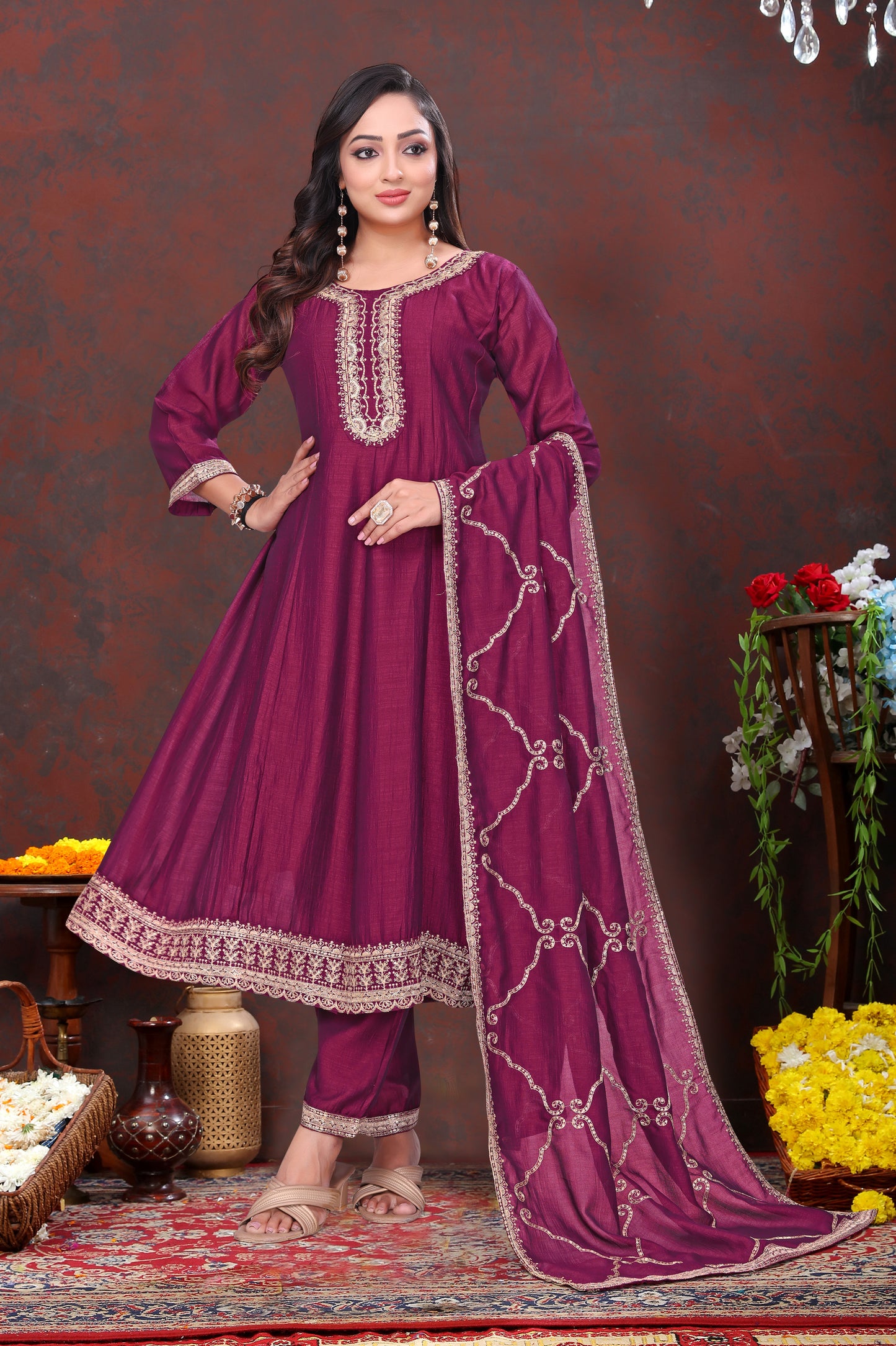 Exquisite Plum Purple Embroidered Suit Set with Dupatta