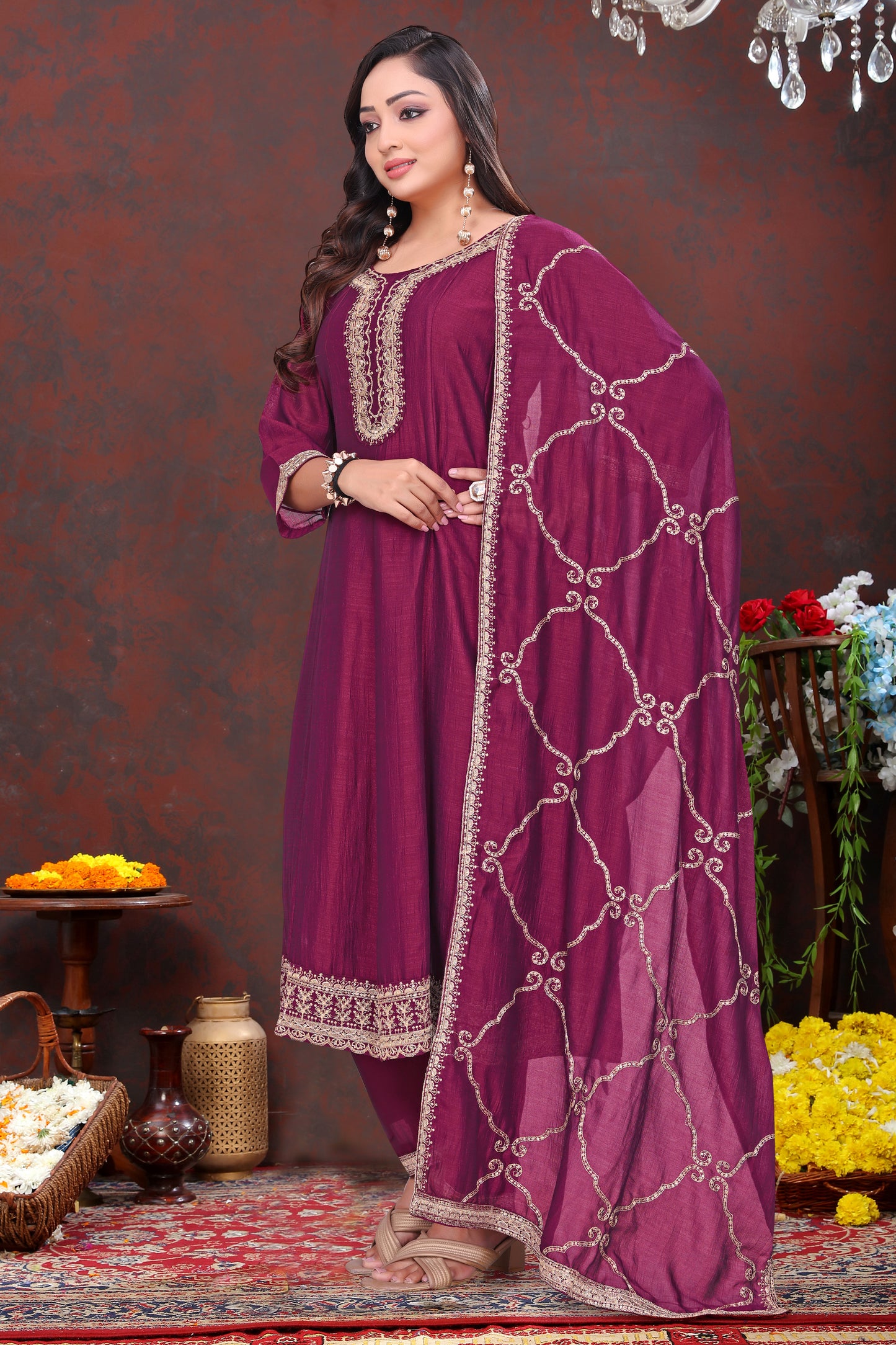 Exquisite Plum Purple Embroidered Suit Set with Dupatta