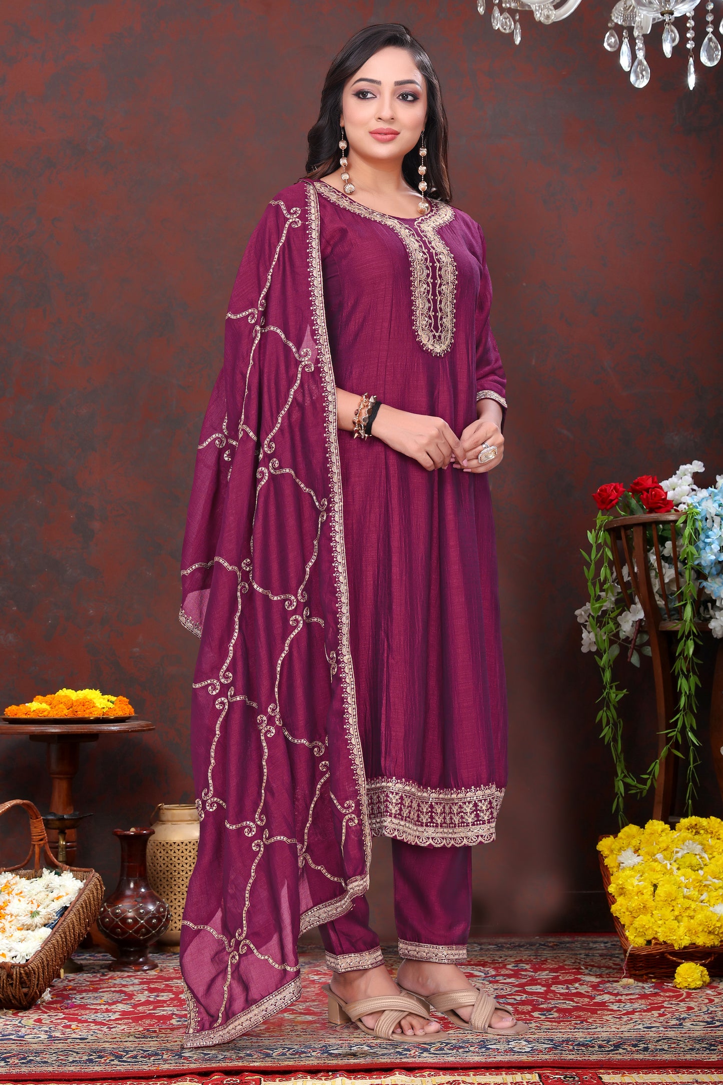 Exquisite Plum Purple Embroidered Suit Set with Dupatta