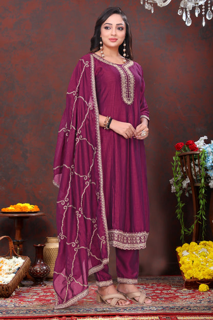 Exquisite Plum Purple Embroidered Suit Set with Dupatta