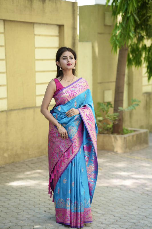 Sempiternal Firozi Soft Silk Saree With Lassitude Blouse Piece