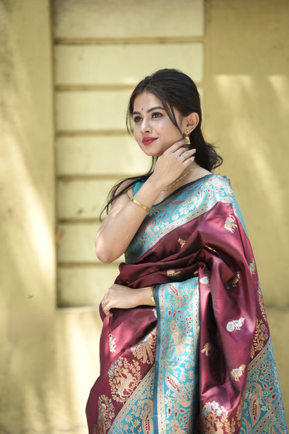 Groovy Wine Soft Silk Saree With Unique Blouse Piece