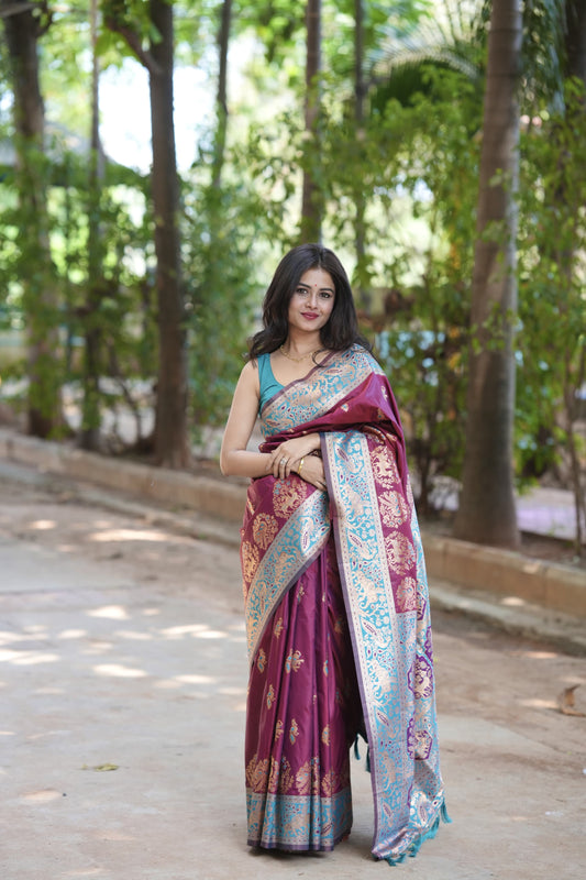 Groovy Wine Soft Silk Saree With Unique Blouse Piece