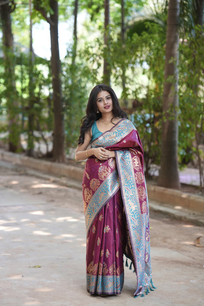 Groovy Wine Soft Silk Saree With Unique Blouse Piece