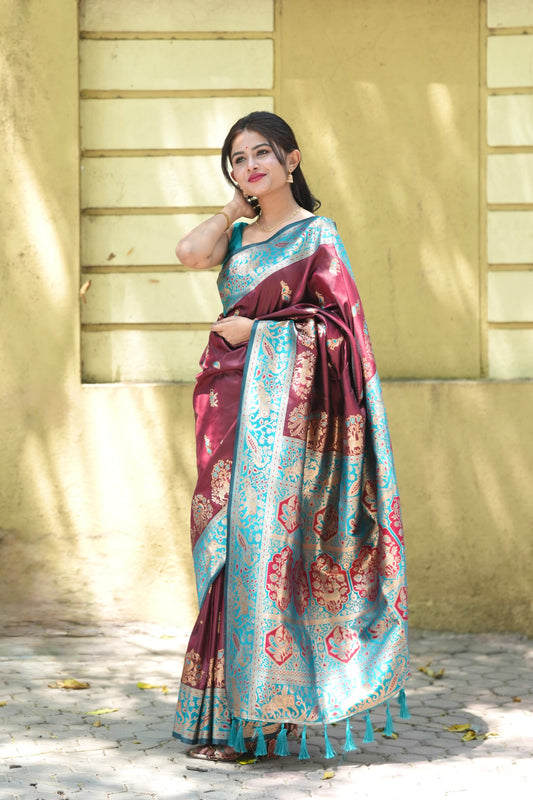 Groovy Wine Soft Silk Saree With Unique Blouse Piece