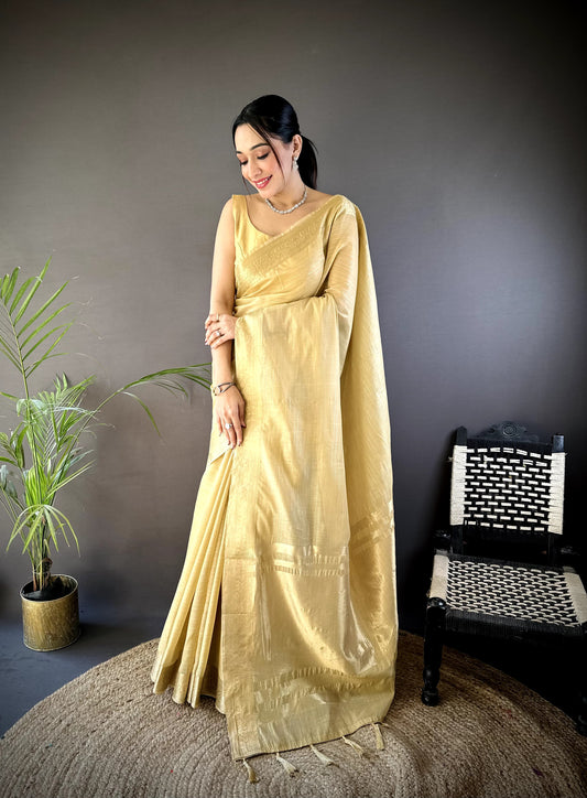 Moiety Beige Cotton Silk Saree With Panoply Blouse Piece