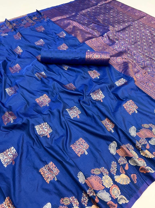 Lassitude Blue Soft Banarasi Silk Saree With Lissome Blouse Piece