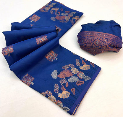 Lassitude Blue Soft Banarasi Silk Saree With Lissome Blouse Piece