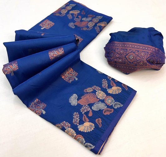 Lassitude Blue Soft Banarasi Silk Saree With Lissome Blouse Piece