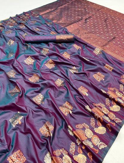 Charming Dark Lavender Soft Banarasi Silk Saree With Lassitude Blouse Piece