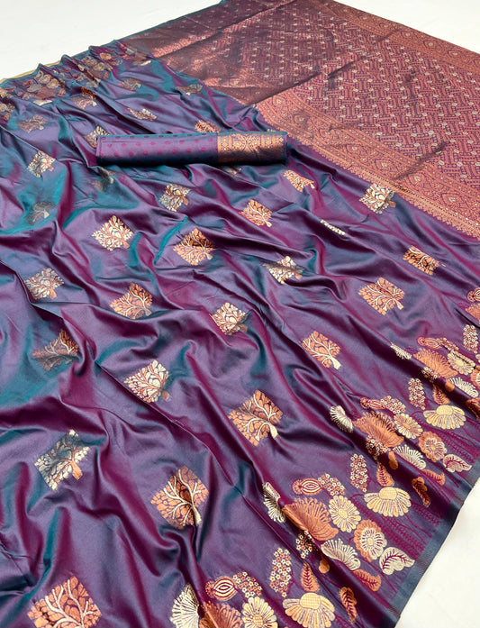 Charming Dark Lavender Soft Banarasi Silk Saree With Lassitude Blouse Piece