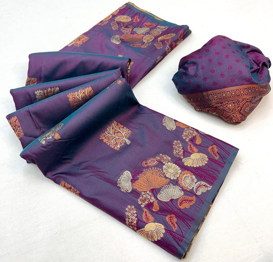 Charming Dark Lavender Soft Banarasi Silk Saree With Lassitude Blouse Piece