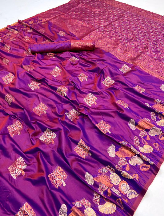 Lassitude Dark Purple Soft Banarasi Silk Saree With Lissome Blouse Piece