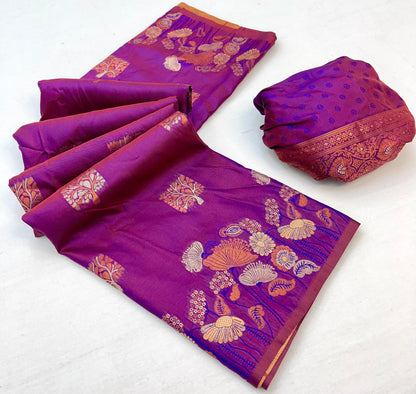 Lassitude Dark Purple Soft Banarasi Silk Saree With Lissome Blouse Piece