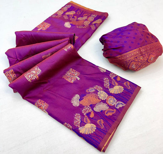 Lassitude Dark Purple Soft Banarasi Silk Saree With Lissome Blouse Piece