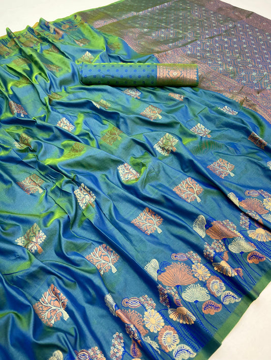 Unique Firozi Soft Banarasi Silk Saree With Stunning Blouse Piece