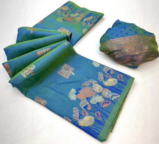 Unique Firozi Soft Banarasi Silk Saree With Stunning Blouse Piece