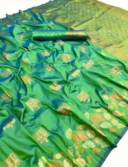Glittering Green Soft Banarasi Silk Saree With Prettiest Blouse Piece