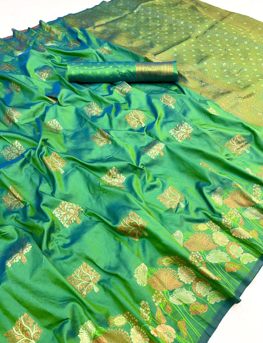 Glittering Green Soft Banarasi Silk Saree With Prettiest Blouse Piece