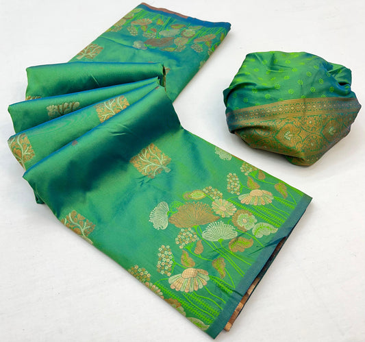Glittering Green Soft Banarasi Silk Saree With Prettiest Blouse Piece