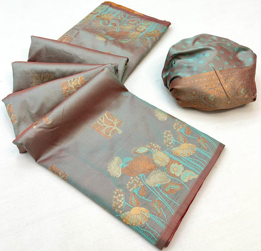 Lassitude  Grey Soft Banarasi Silk Saree With Staring Blouse Piece