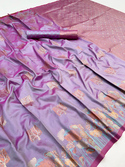 Moiety Lavender Soft Banarasi Silk Saree With Dazzling Blouse Piece