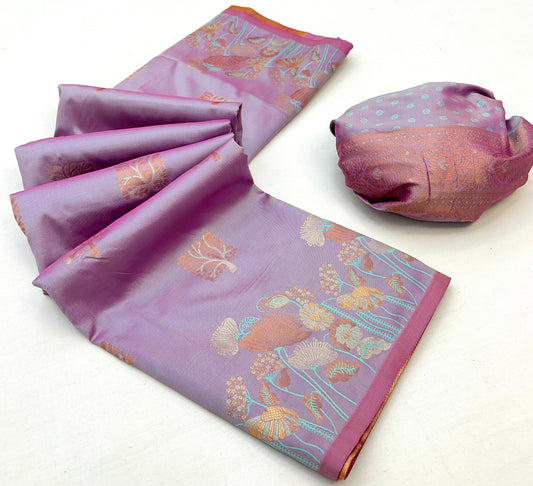 Moiety Lavender Soft Banarasi Silk Saree With Dazzling Blouse Piece