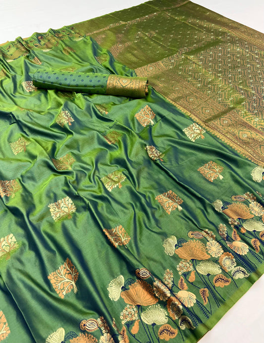 Outstanding Mehndi Soft Banarasi Silk Saree With Lissome Blouse Piece