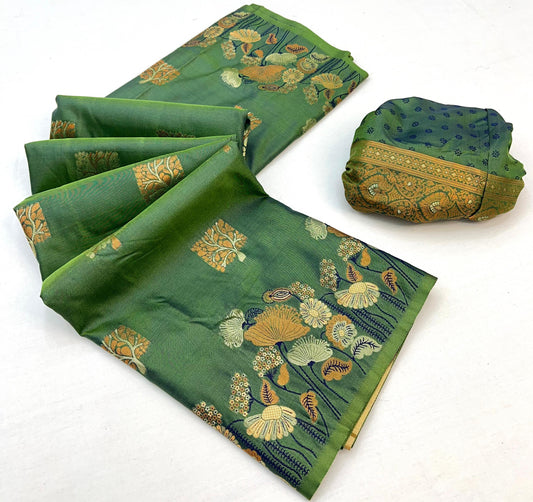 Outstanding Mehndi Soft Banarasi Silk Saree With Lissome Blouse Piece