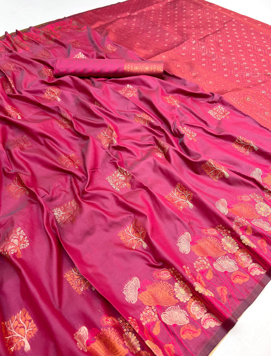 Assemblage Pink Soft Banarasi Silk Saree With Gleaming Blouse Piece