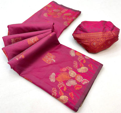 Assemblage Pink Soft Banarasi Silk Saree With Gleaming Blouse Piece
