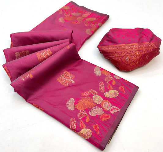 Assemblage Pink Soft Banarasi Silk Saree With Gleaming Blouse Piece