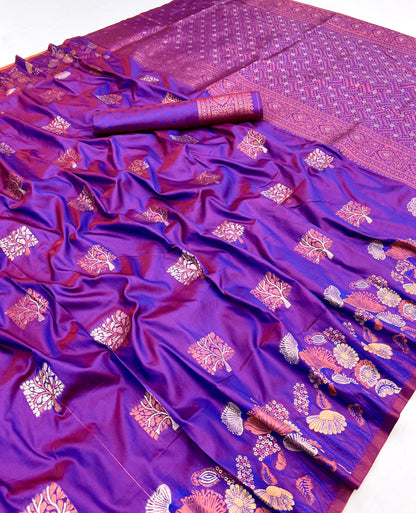 Flaunt Purple Soft Banarasi Silk Saree With Unique Blouse Piece