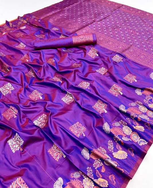 Flaunt Purple Soft Banarasi Silk Saree With Unique Blouse Piece