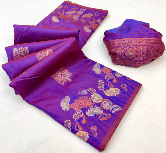 Flaunt Purple Soft Banarasi Silk Saree With Unique Blouse Piece