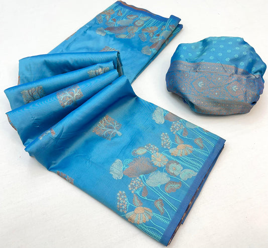 Mellifluous Sky Soft Banarasi Silk Saree With Designer Blouse Piece