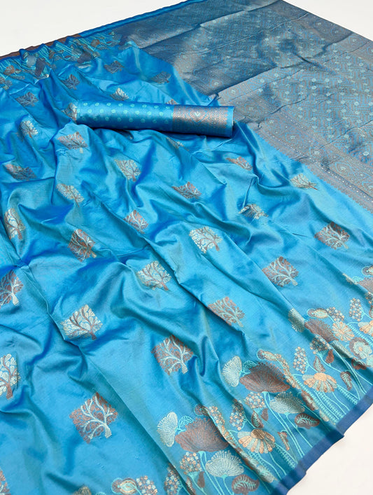 Mellifluous Sky Soft Banarasi Silk Saree With Designer Blouse Piece