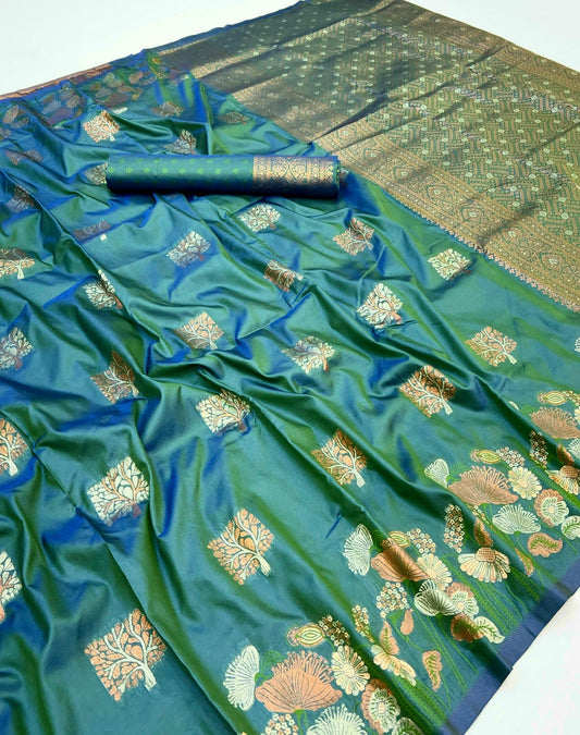 Lassitude Turquoise Soft Banarasi Silk Saree With Lissome Blouse Piece