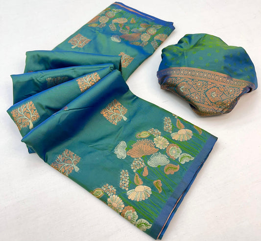Lassitude Turquoise Soft Banarasi Silk Saree With Lissome Blouse Piece