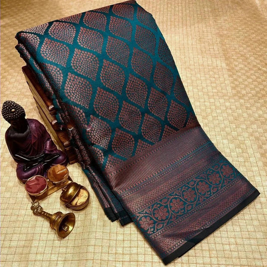 Woebegone Rama Soft Banarasi Silk Saree With Splendorous Blouse Piece