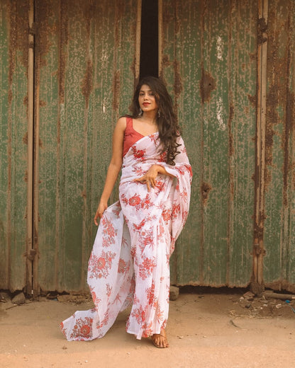 Vibrant 1-Minute Ready To Wear Off White Georgette Saree