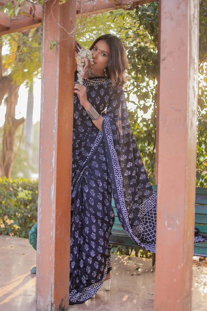 Unique 1-Minute Ready To Wear Black Cotton Saree