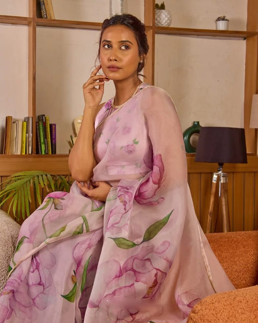 Resonant 1-Minute Ready To Wear Pink Organza Silk Saree