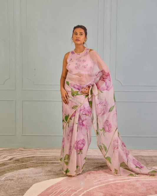 Resonant 1-Minute Ready To Wear Pink Organza Silk Saree