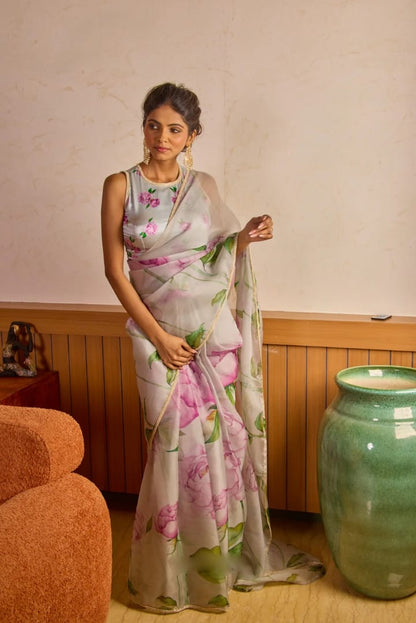 Glowing 1-Minute Ready To Wear Sky Organza Silk Saree