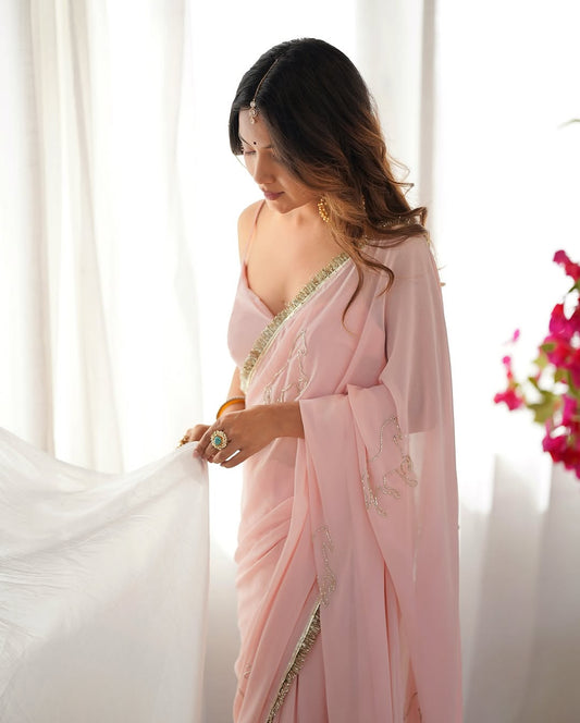 Classy 1-Minute Ready To Wear Baby Pink Georgette Saree