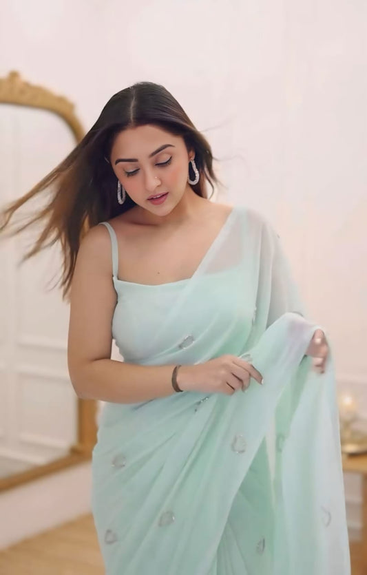 A Glam 1-Minute Ready To Wear Turquoise Georgette Saree