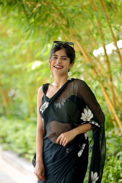 Tempting 1-Minute Ready To Wear Black Georgette Saree