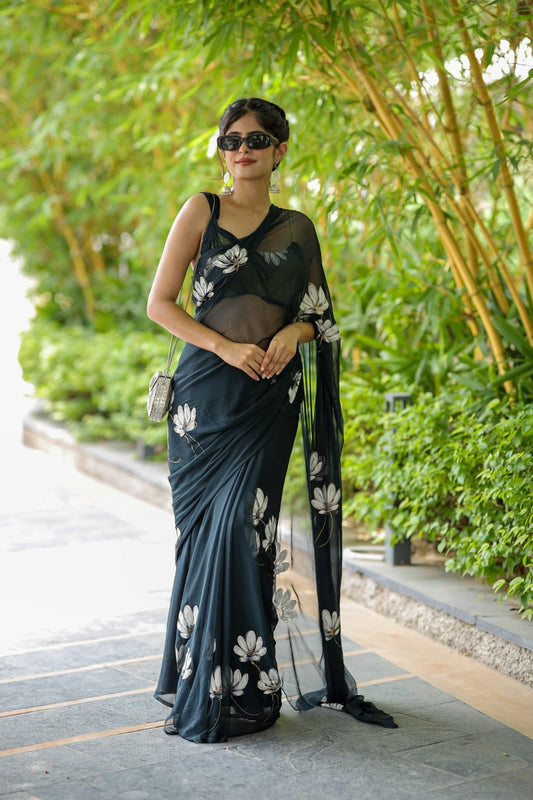 Tempting 1-Minute Ready To Wear Black Georgette Saree